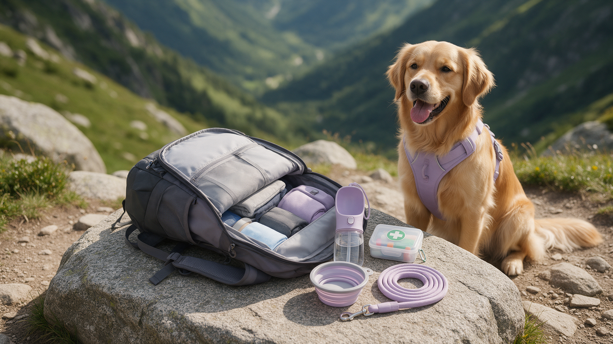 Golden retriever con arnés lila junto a una mochila de montaña con botella de agua, botiquín y correa