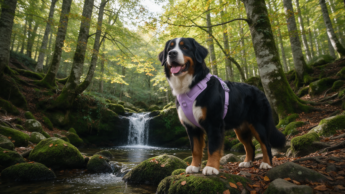 Boyero de Berna con arnés lila junto a un arroyo y una cascada en el hayedo de la Selva de Irati