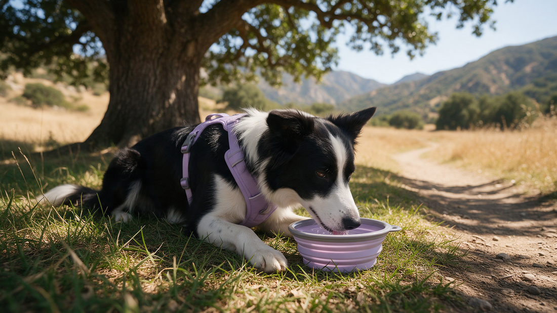 Border collie con arnés lila bebiendo de un bebedero plegable a la sombra de un roble en una ruta