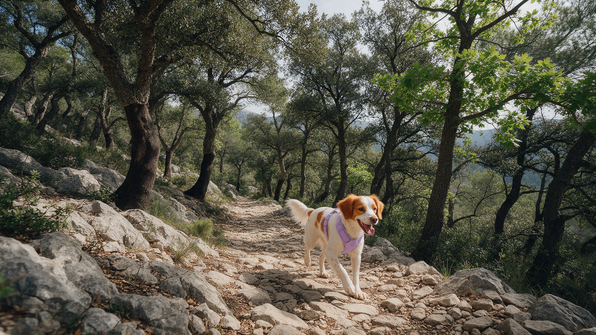 Bretón con arnés lila por un sendero pedregoso en el bosque mediterráneo de la Font Roja