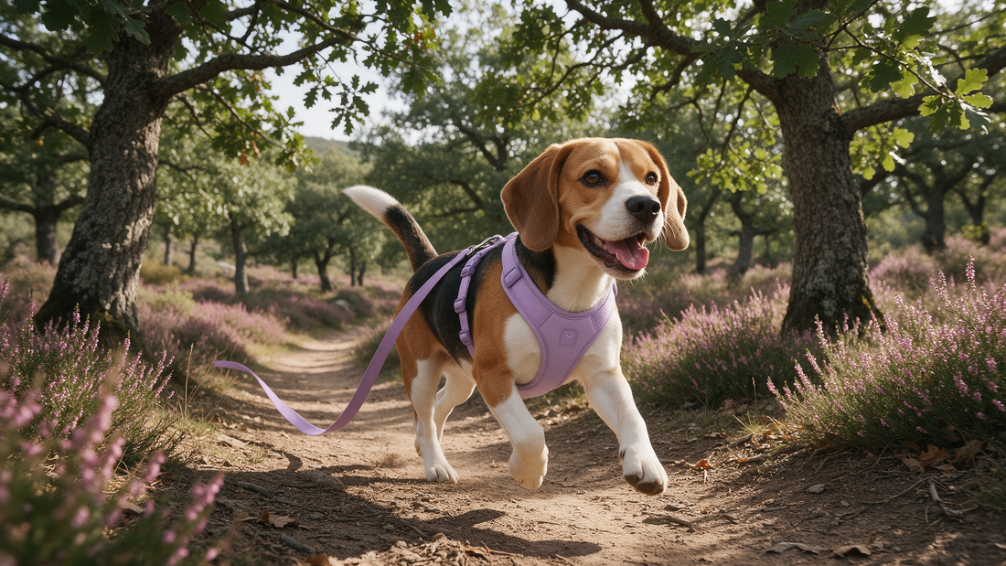 Beagle con arnés lila por un sendero entre robles y brezo en la Sierra de la Culebra
