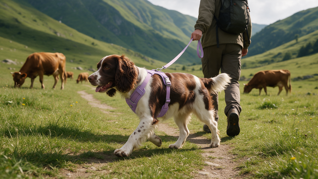Perro con correa lila pasando con calma junto a vacas en un prado de montaña