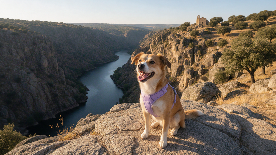 Perro mestizo con arnés lila en un mirador de granito sobre el cañón de Arribes, con una ermita al fondo