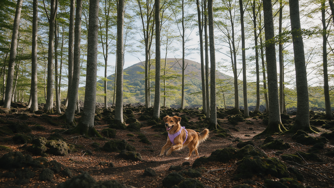 Perro con arnés lila corriendo por el hayedo de la Fageda d'en Jordà sobre suelo volcánico, con un volcán al fondo