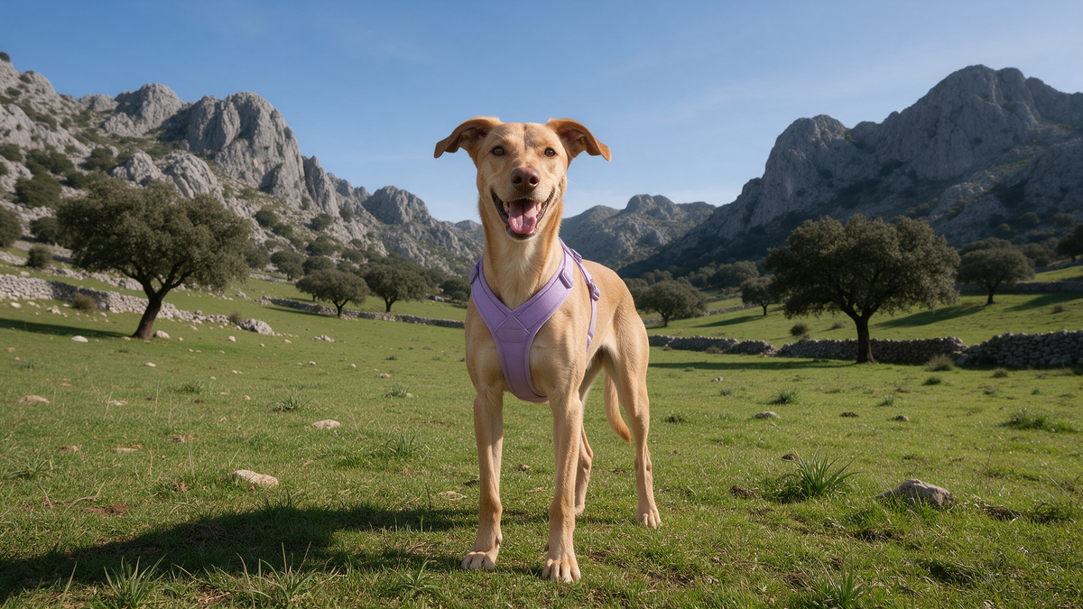 Podenco con arnés lila en un llano verde rodeado de picos calizos en la Sierra de Grazalema