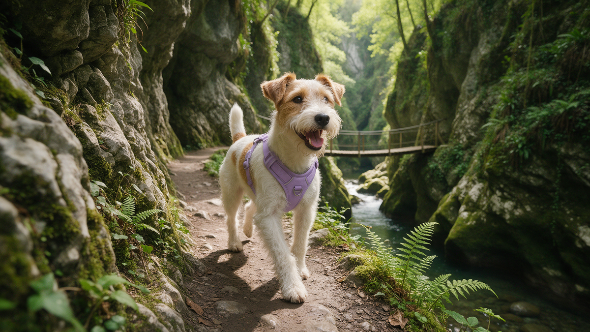 Fox terrier con arnés lila por el desfiladero verde de la Ruta de las Xanas con una pasarela al fondo
