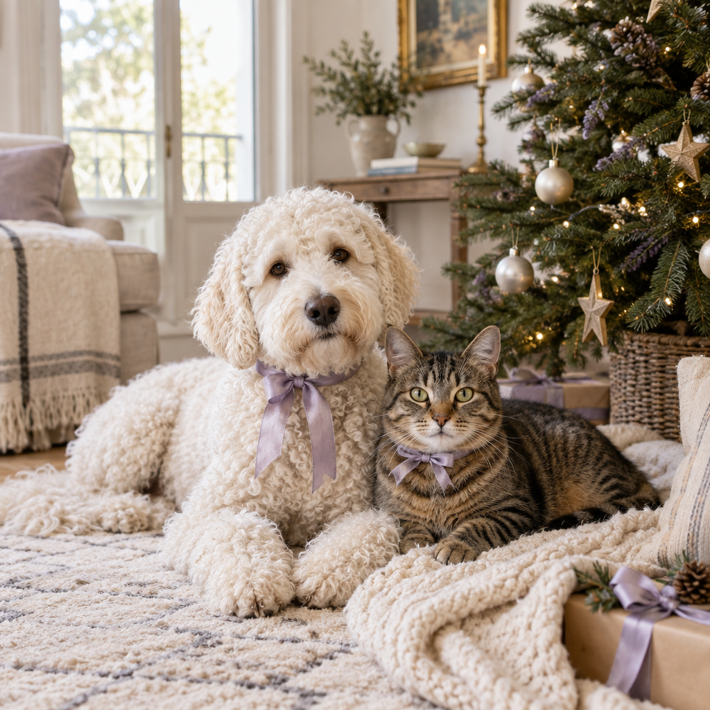 Perro y gato junto al árbol de Navidad