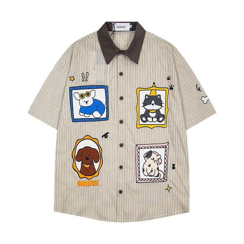 Camisa bordada de manga corta con perros y gatos para personas