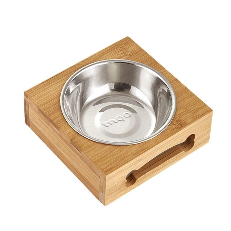 Comedero de acero inoxidable con soporte de bambú