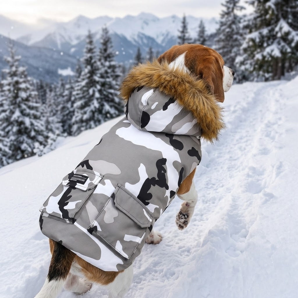 Perro con abrigo acolchado de camuflaje con capucha de pelo paseando por un sendero nevado de montaña