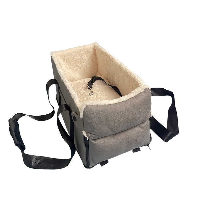 Cama elevadora para coche con correa de seguridad para perros – Dark gray + beige plush