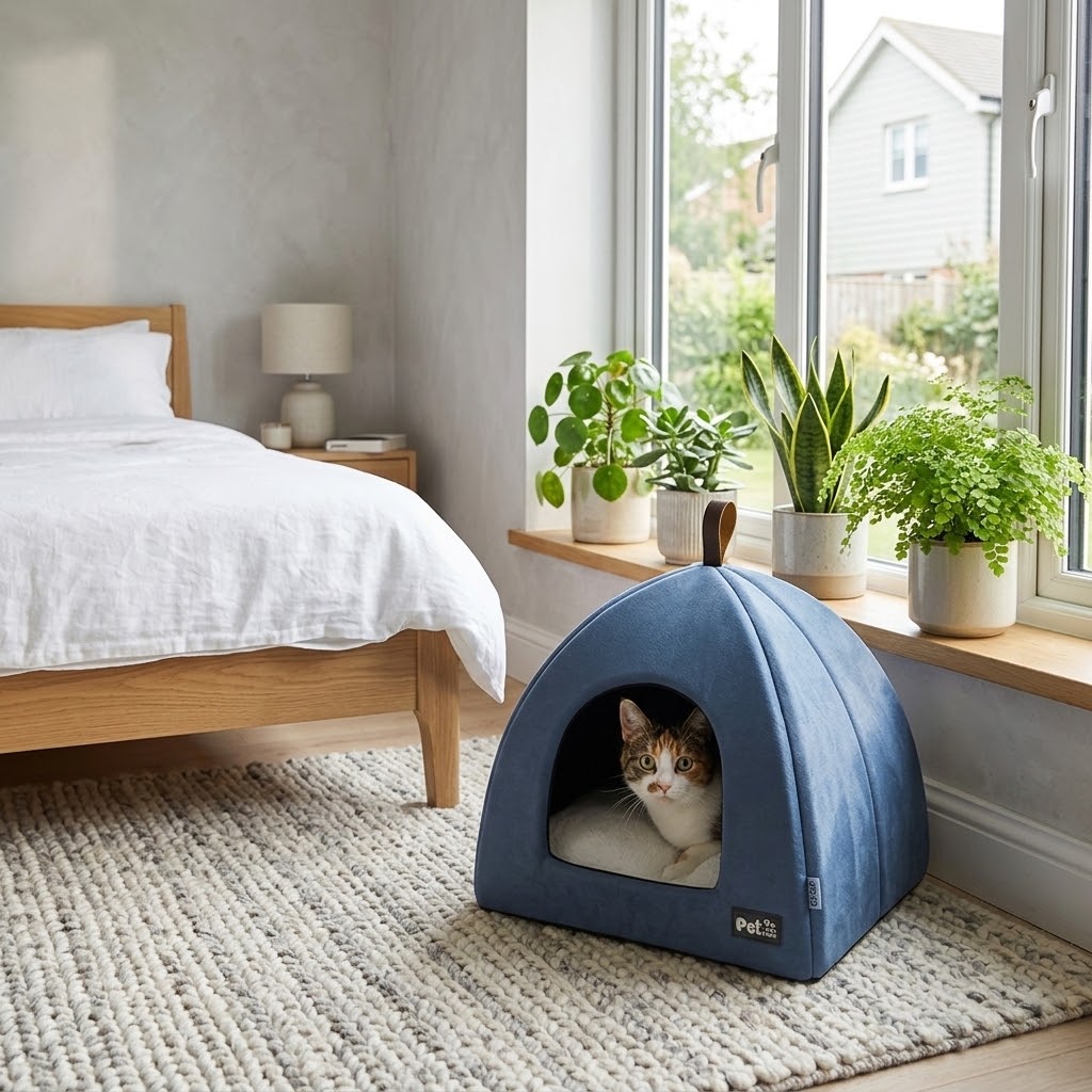Gato dentro de una cama cueva de terciopelo azul en un dormitorio nórdico