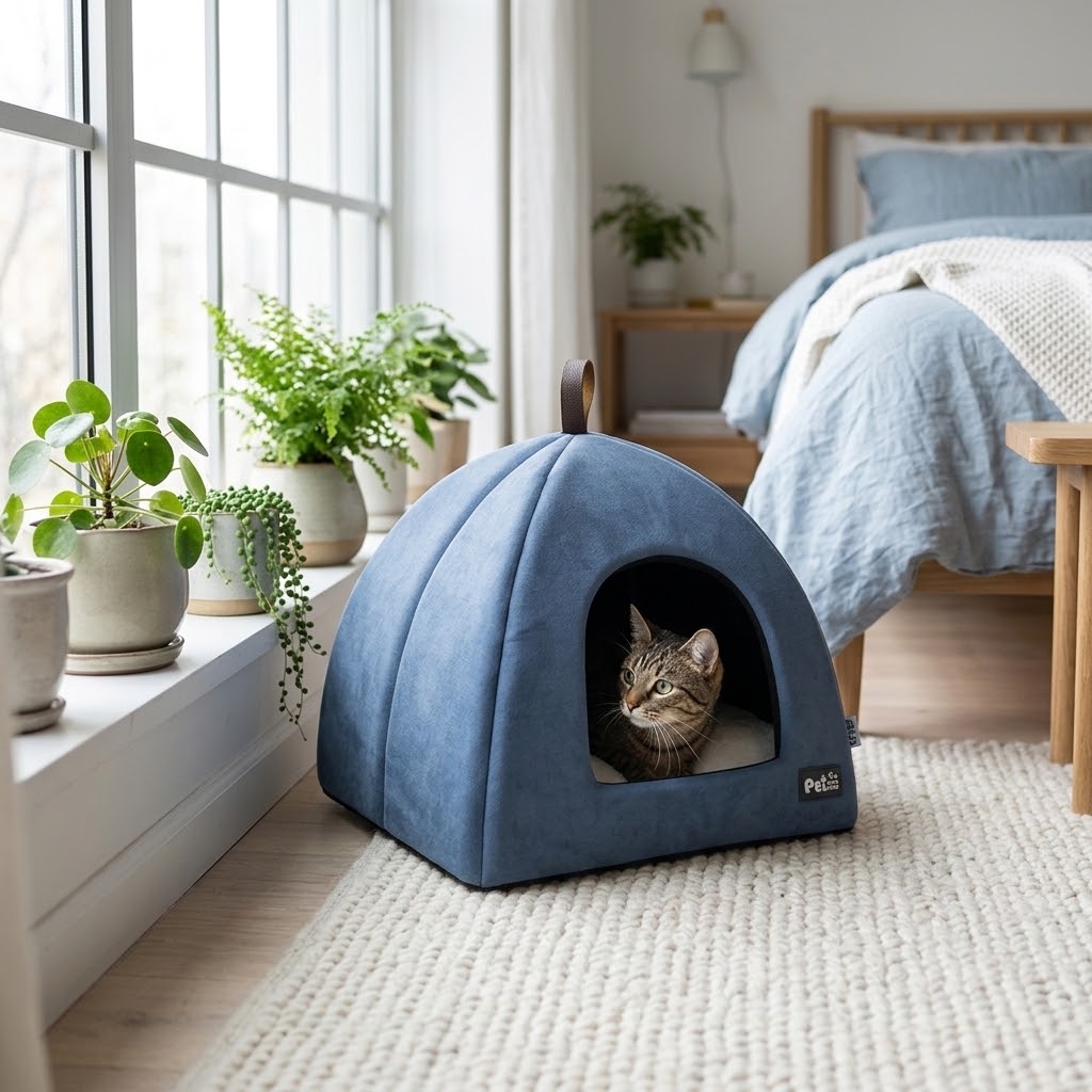 Cama cueva de terciopelo azul con gato junto a una ventana con plantas