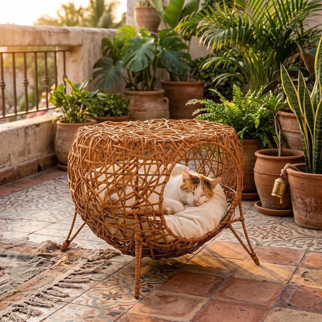 Casa nido de ratán con cojín para gatos en terraza bohemia al atardecer