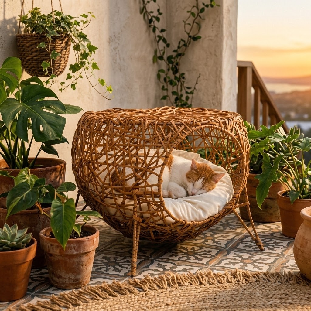 Casa nido de ratán para gatos con gato descansando en terraza con plantas