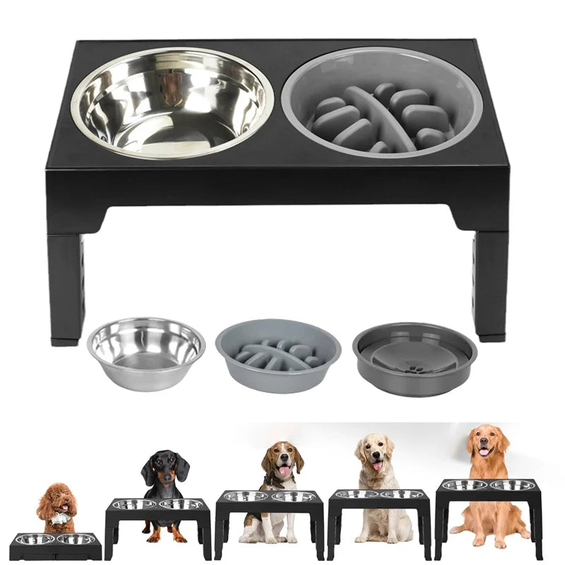 Comedero elevado ajustable para perros con cuenco lento, acero inoxidable