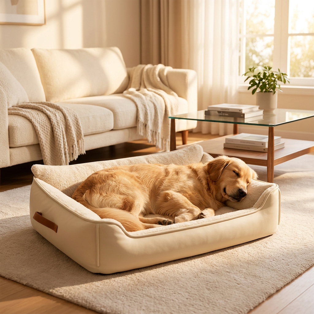 Cama para perros impermeable de piel sintética con asas
