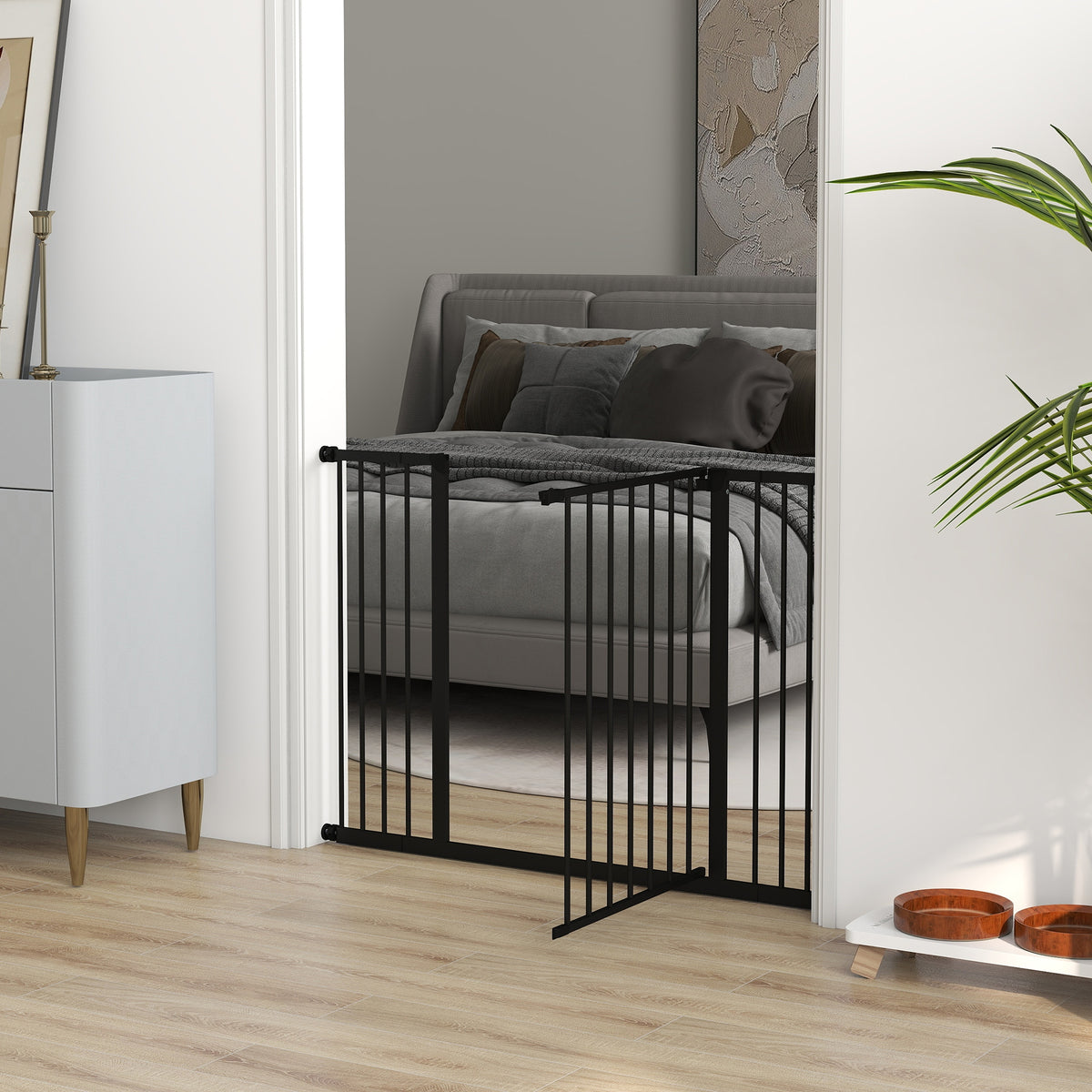 Barrière de Sécurité Chien Réglable 76-107 cm, avec 2 Rallonges (10/15 cm), Ouverture d'une Main, sans Perçage, Noir-8