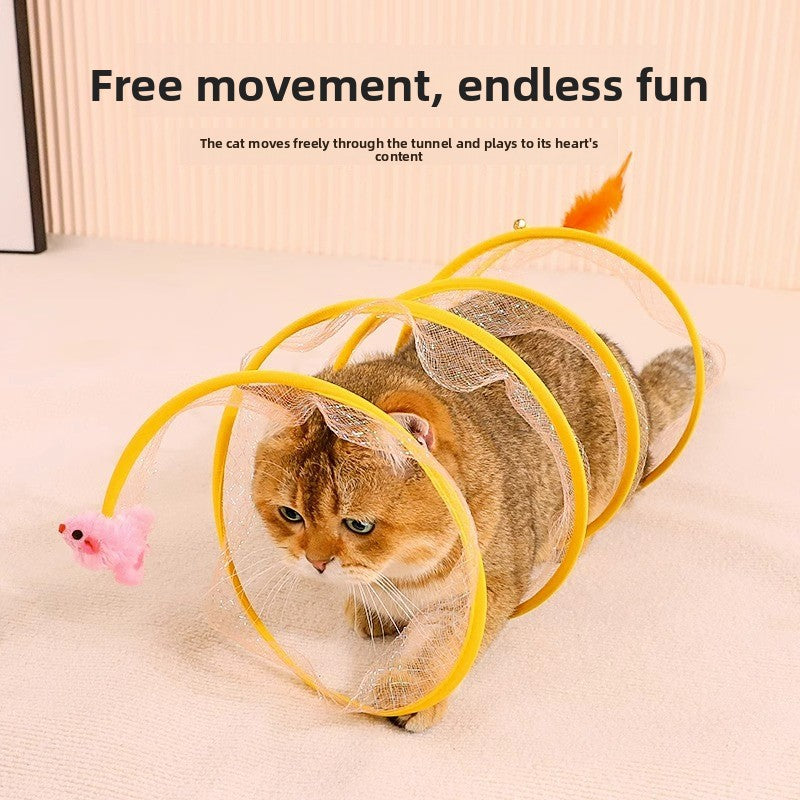 Túnel interactivo para gatos con plumas y cascabeles