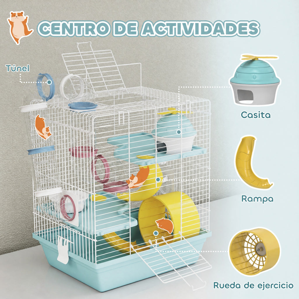 Jaula para hámster de 3 niveles con rueda y túneles