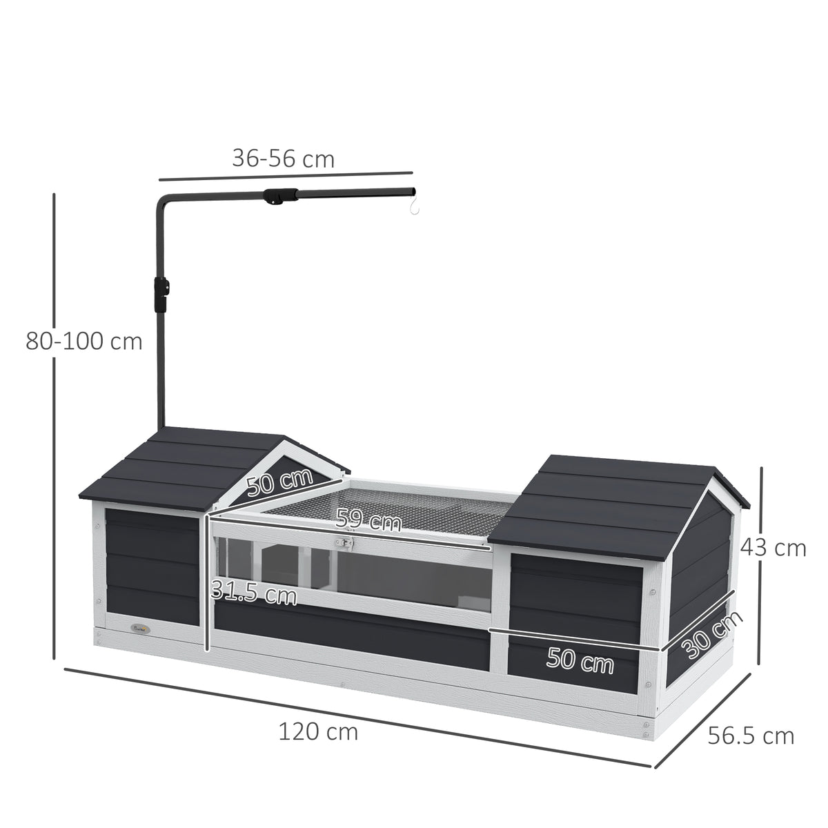 Casa para tortugas de tierra de exterior con 2 nidos, techo abatible y soporte de lámpara, madera maciza, 120x56,5x43 cm, gris-2