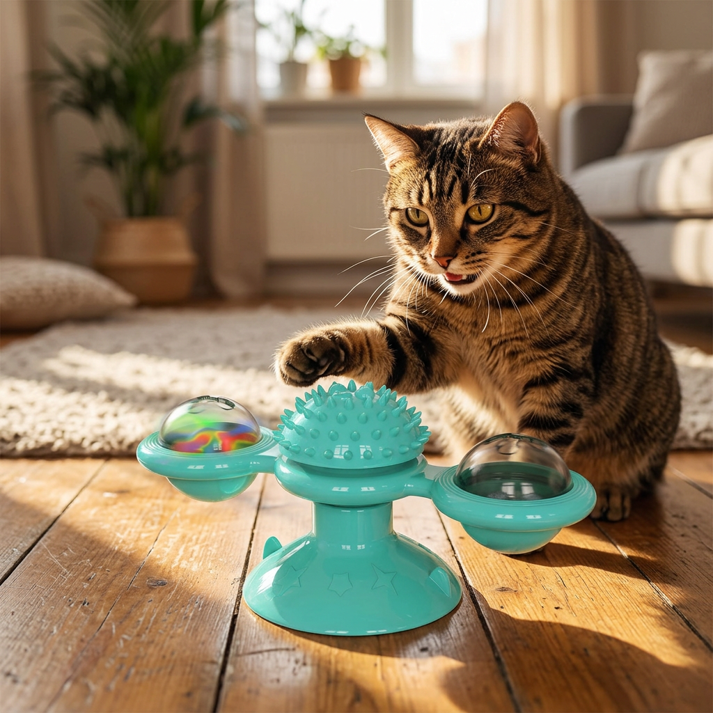 Juguete molinillo giratorio para gatos con bola luminosa y hierba gatera