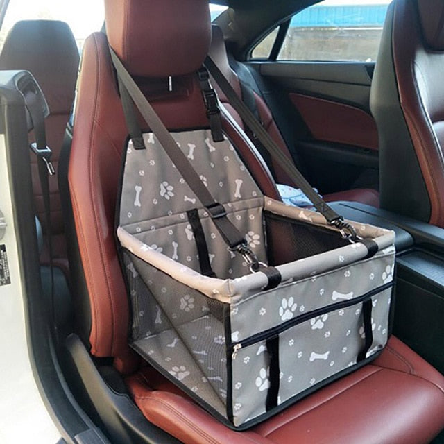 Asiento de coche plegable tipo bolsa con malla para perros y gatos – Gris con huellas