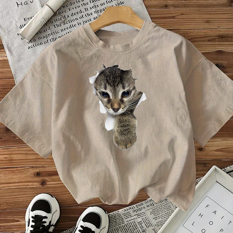 Camiseta de algodón con estampado de gatos para mujer