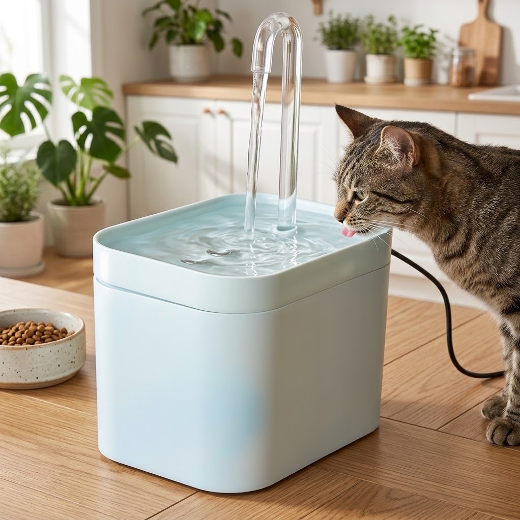 Gato bebiendo de la fuente de agua automática en una cocina luminosa