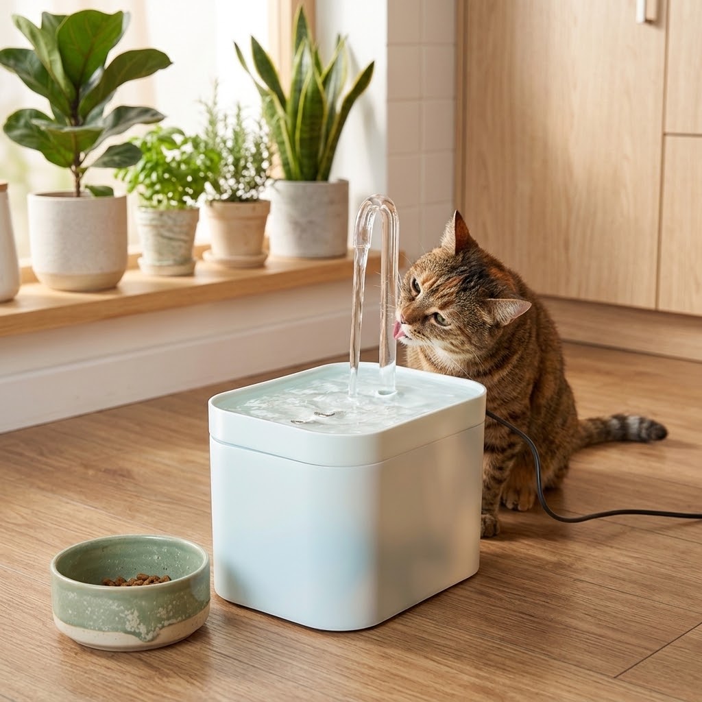 Fuente de agua automática para gatos 1,5 L con gato atigrado bebiendo en cocina nórdica