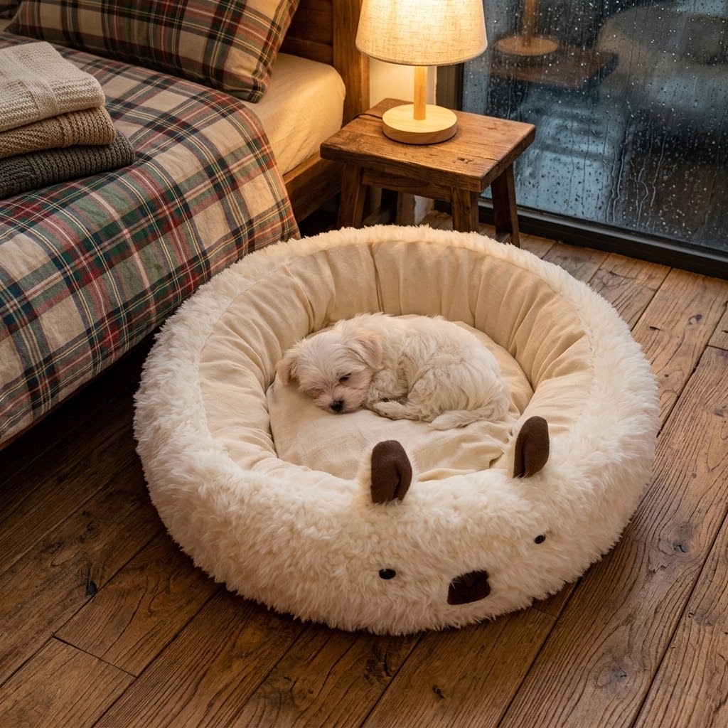 Cama nido cálida y lavable para perros junto a la cama con edredón de cuadros