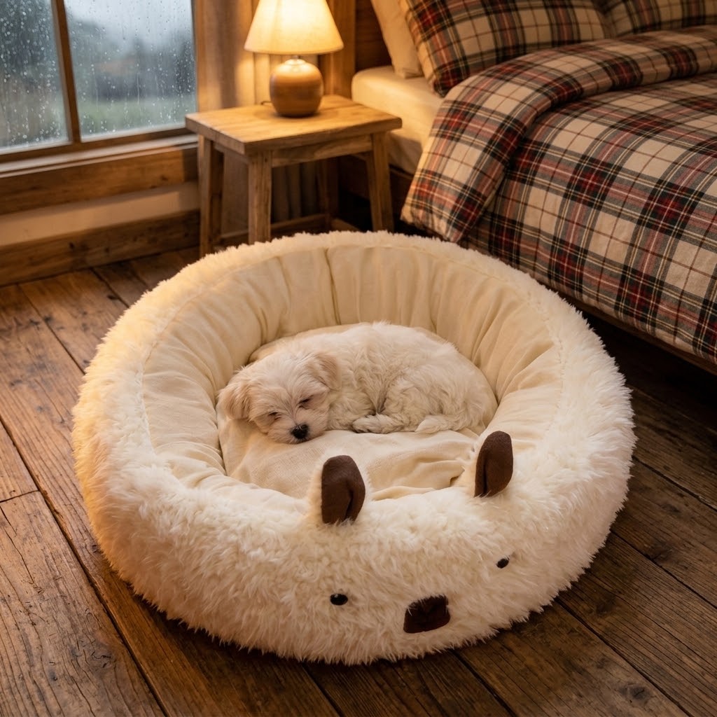 Cama nido cálida y lavable con cachorro de bichón maltés en dormitorio rústico