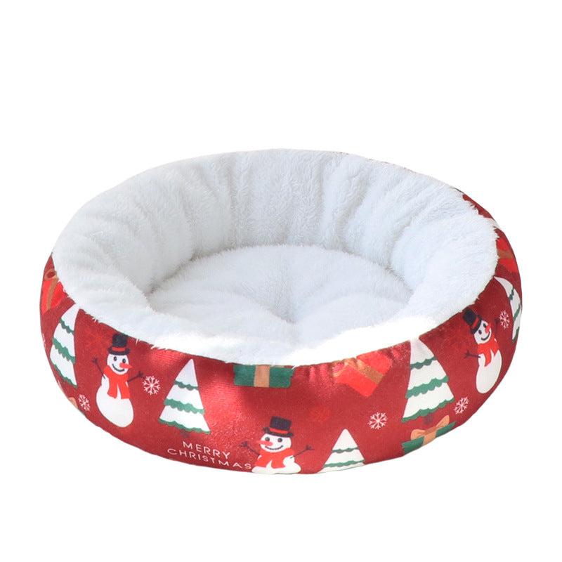 Cama redonda navideña para perros y gatos, acolchada y calentita