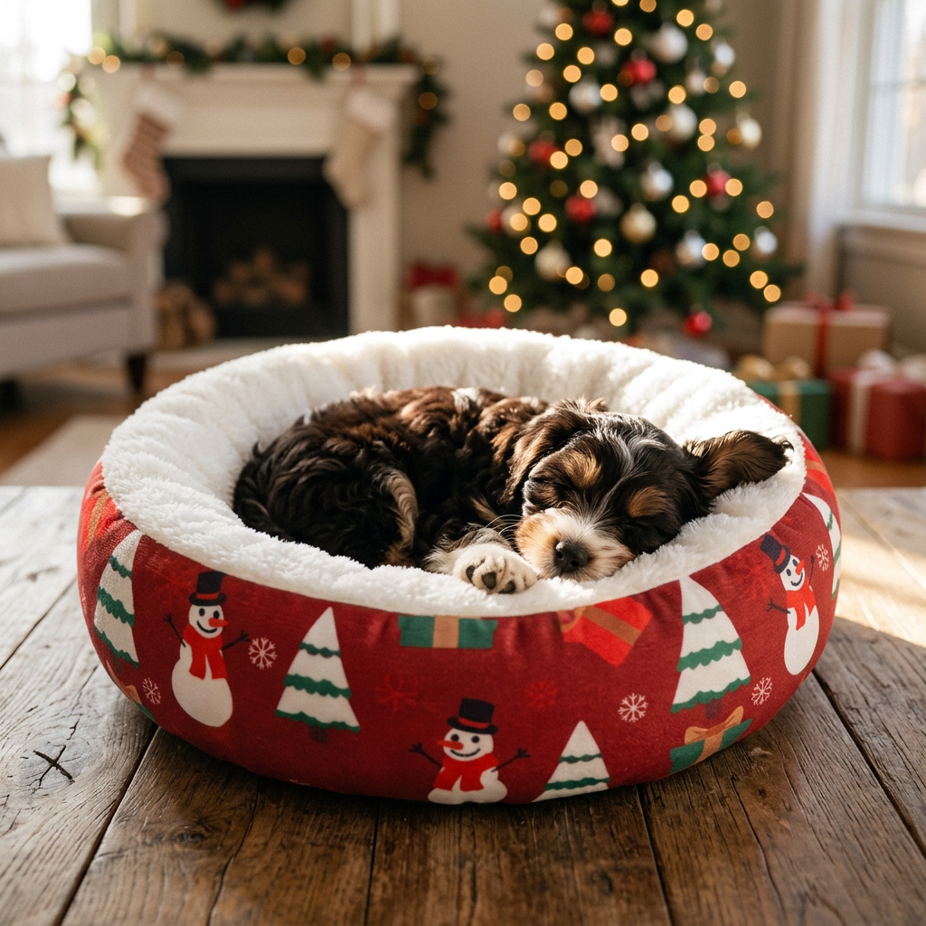 Cama redonda navideña para perros y gatos, acolchada y calentita