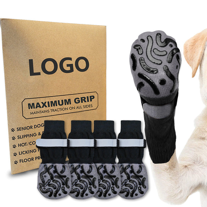 Calcetines Antideslizantes e Impermeables para Perros · 4 Piezas – Geométrico negro con tira luminosa