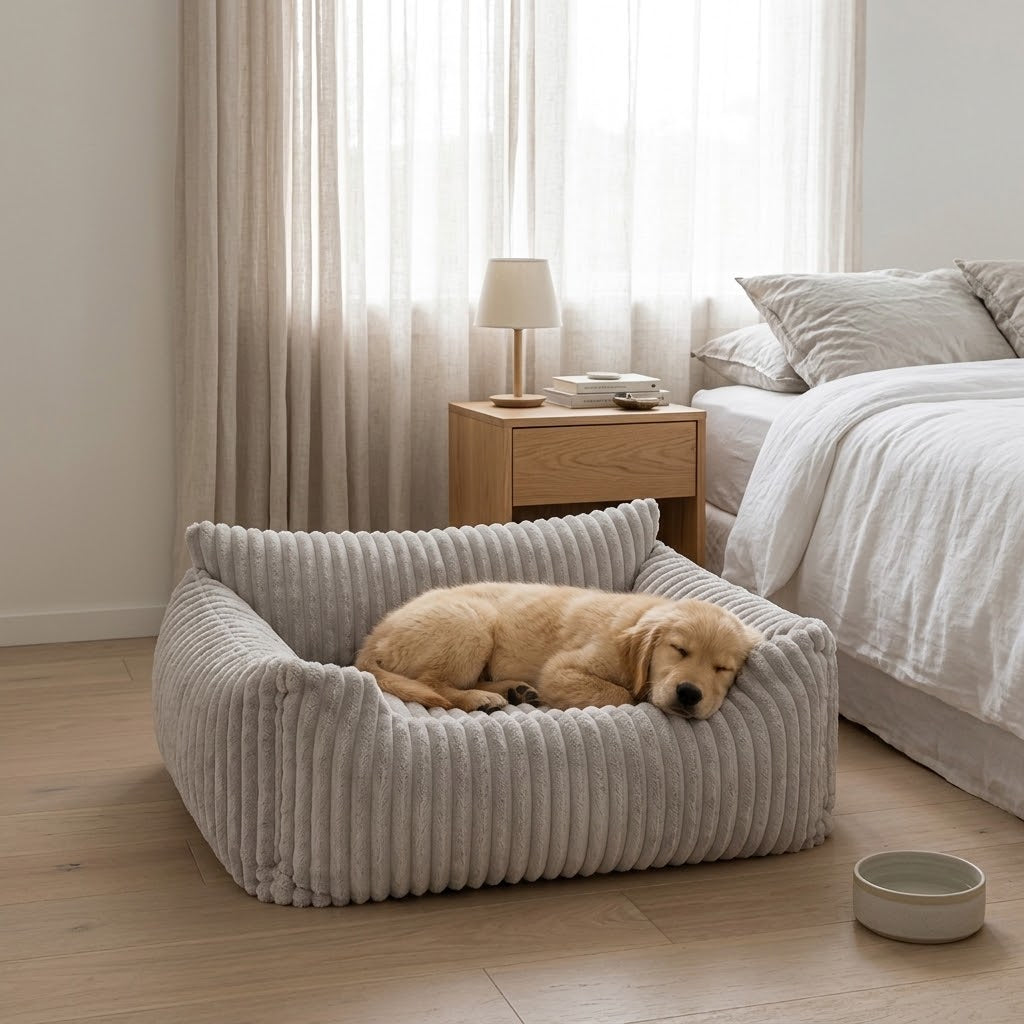 Sofá para perros Lodie M gris con espuma viscoelástica junto a la cama
