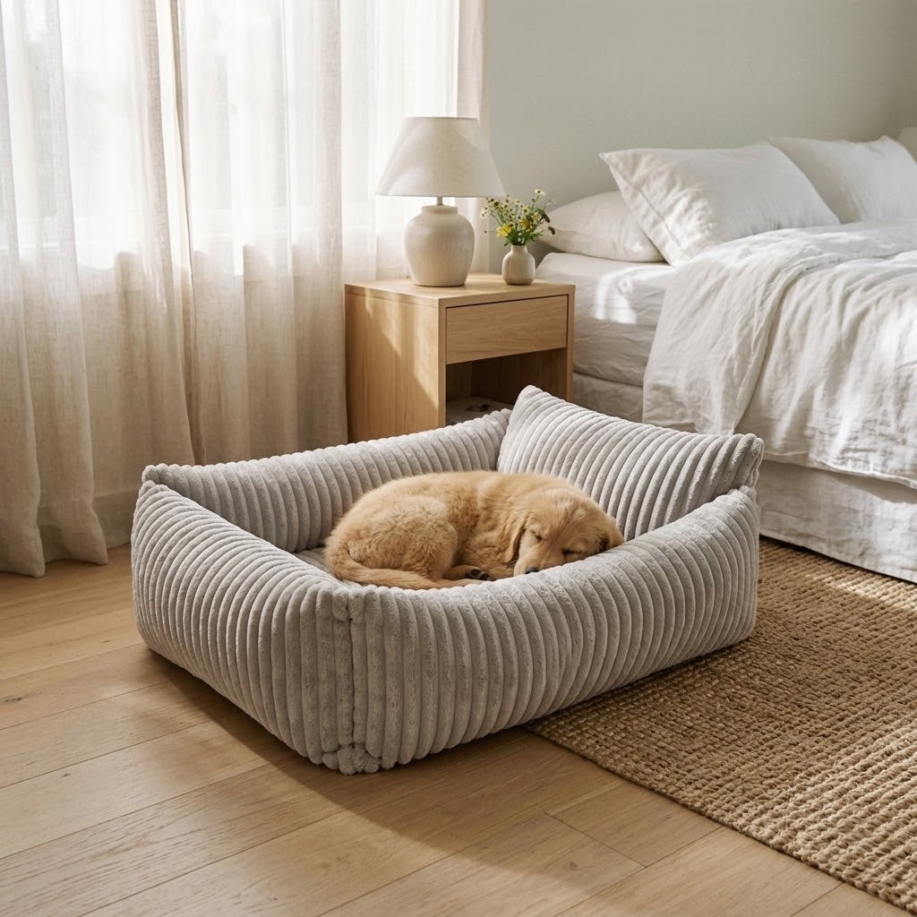 Sofá para perros Lodie M gris con cachorro de golden en dormitorio minimalista