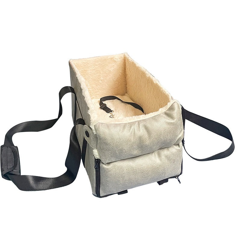 Cama elevadora para coche con correa de seguridad para perros – Light gray + beige plush