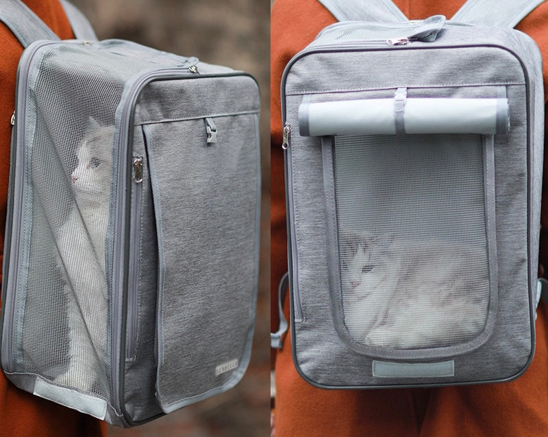 Bolso mochila transportín gris para gatos y perros pequeños