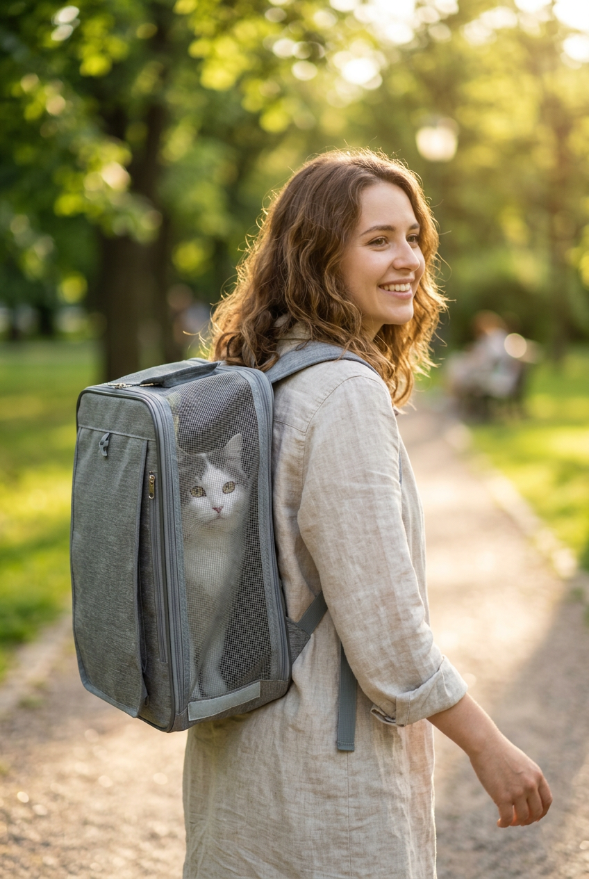 Bolso mochila transportín gris para gatos y perros pequeños