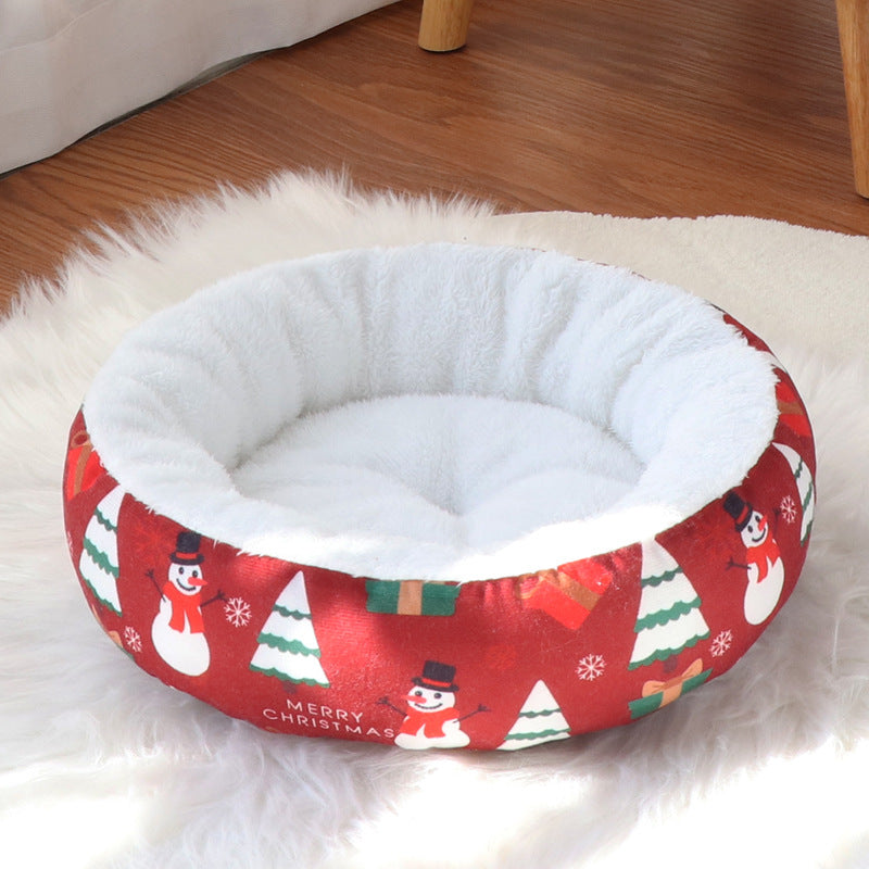 Cama redonda navideña para perros y gatos, acolchada y calentita