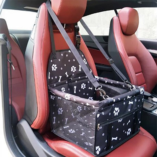 Asiento de coche plegable tipo bolsa con malla para perros y gatos – Negro con huellas