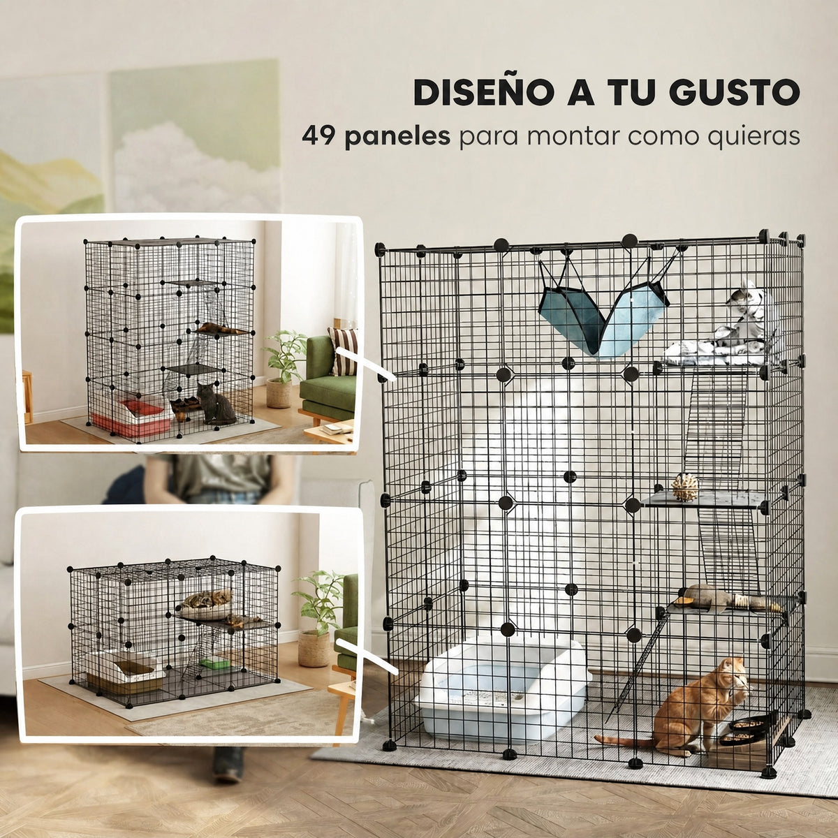 Parque modular de acero para gatos y conejos, 4 niveles