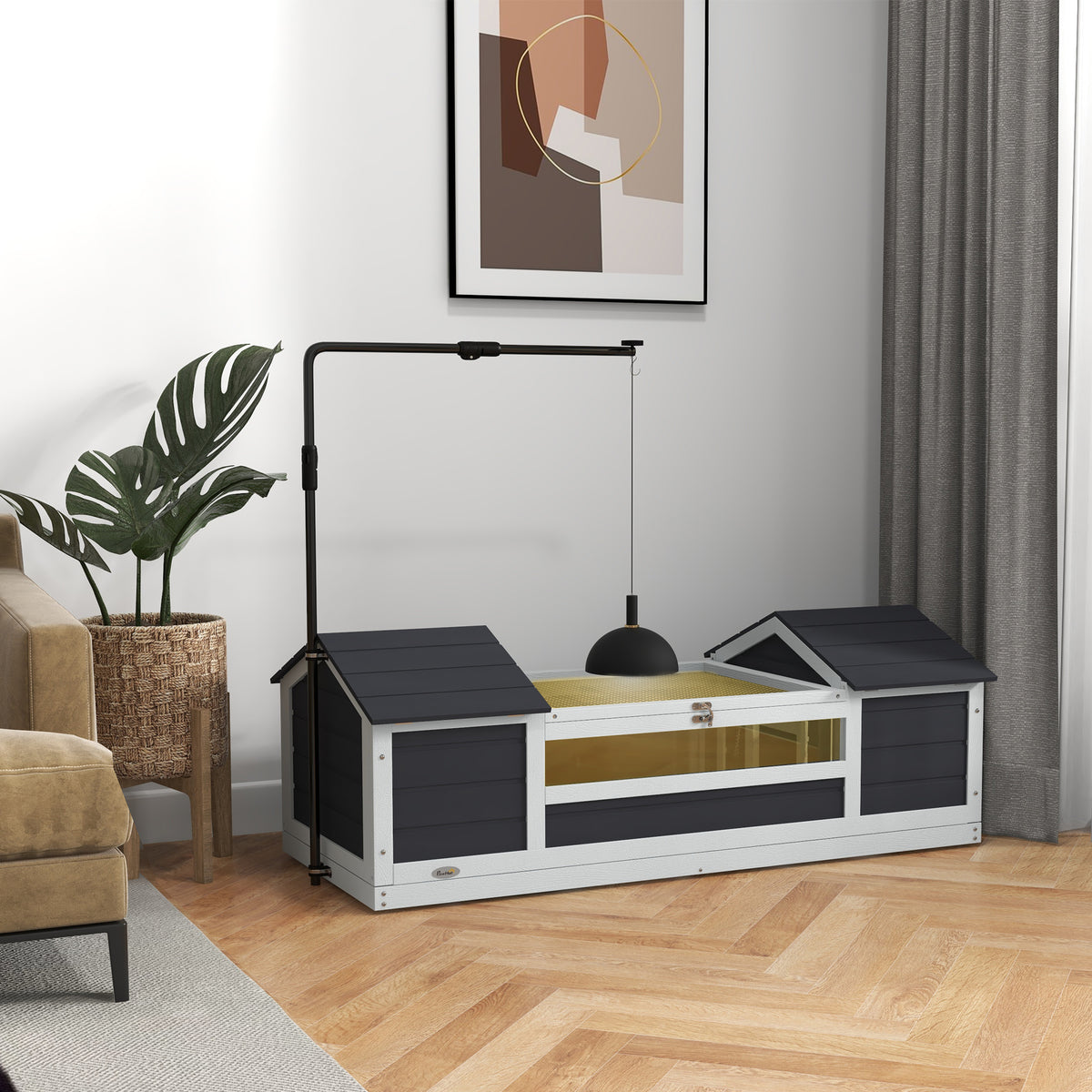 Casa para tortugas de tierra de exterior con 2 nidos, techo abatible y soporte de lámpara, madera maciza, 120x56,5x43 cm, gris-1