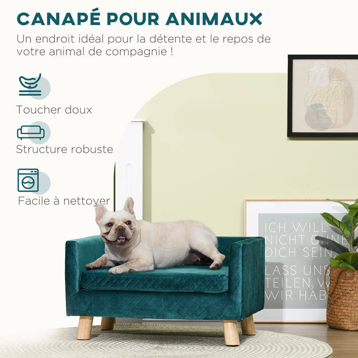Sofá de terciopelo para perros pequeños con patas de madera, azul verdoso