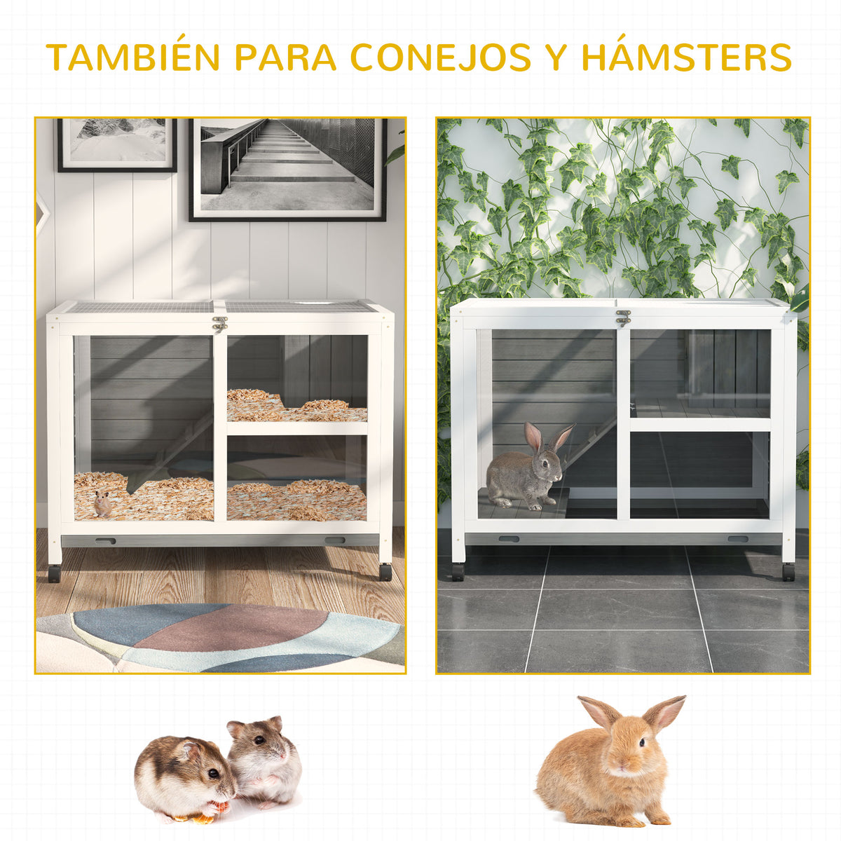 Conejera de interior de madera con ruedas