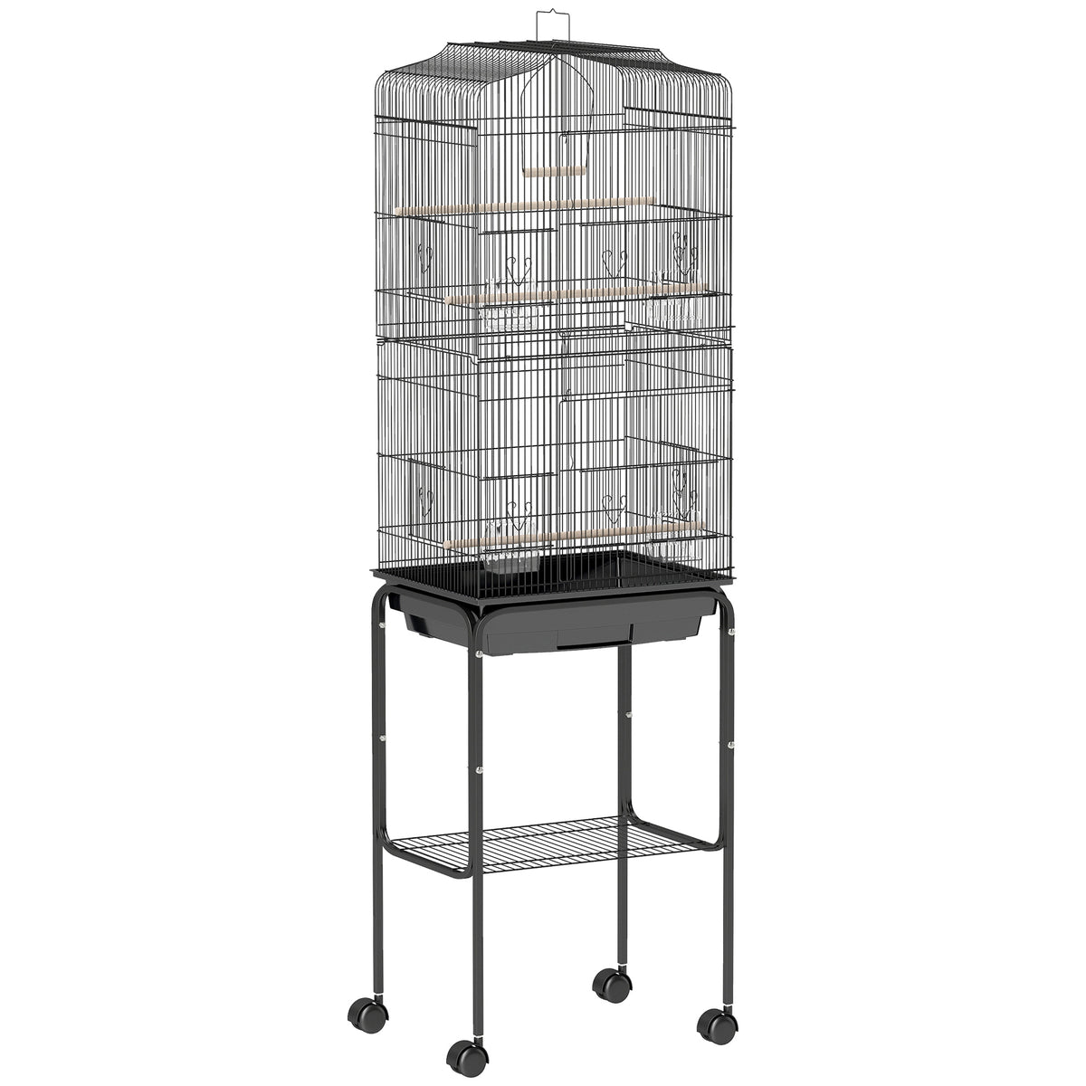 Jaula para pájaros con soporte, ruedas y estante, 157 cm, negra
