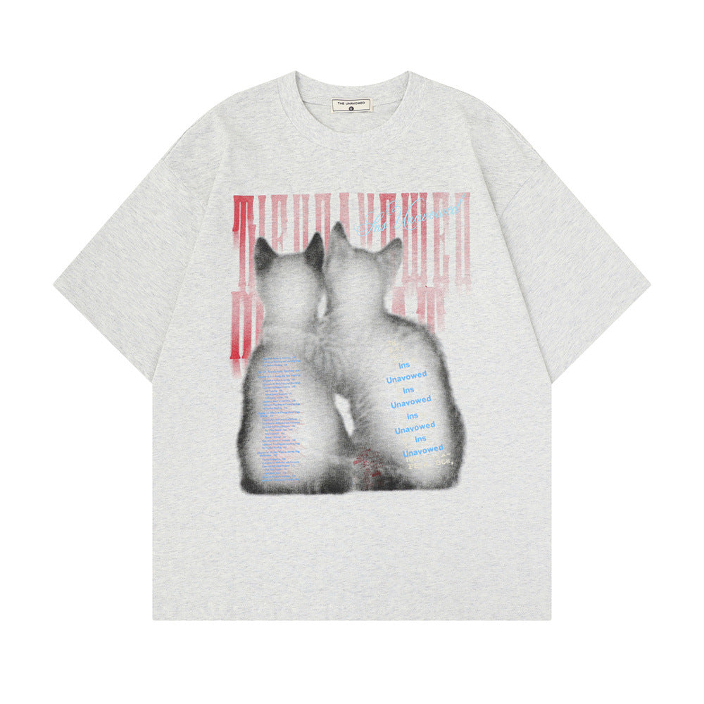 Camiseta de algodón con estampado de dos gatos