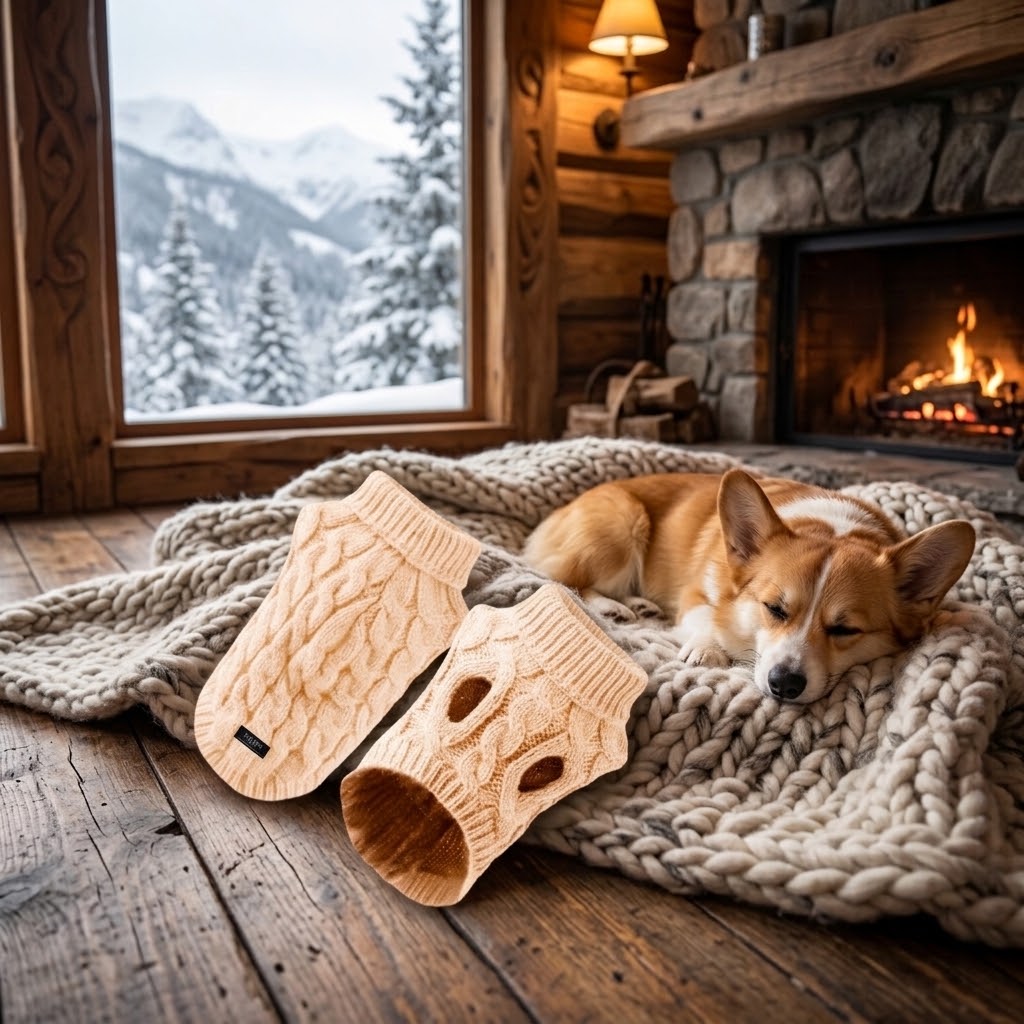 Jerséis blancos para perro en una cabaña de montaña nevada con un perro descansando