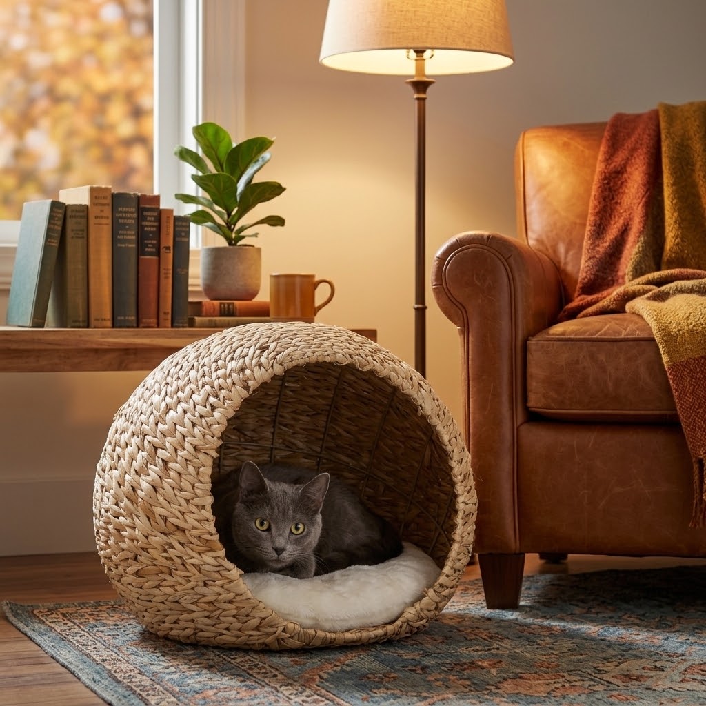 Nicho tejido para gatos con cojín suave en salón acogedor de otoño